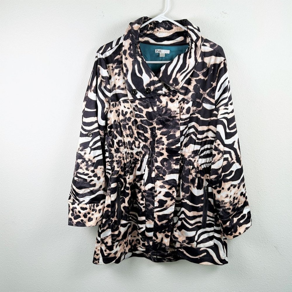 Puli Jacket Size M Black Tan Cinch Waist Zip Snap Animal Print Roll Tab Sleeve